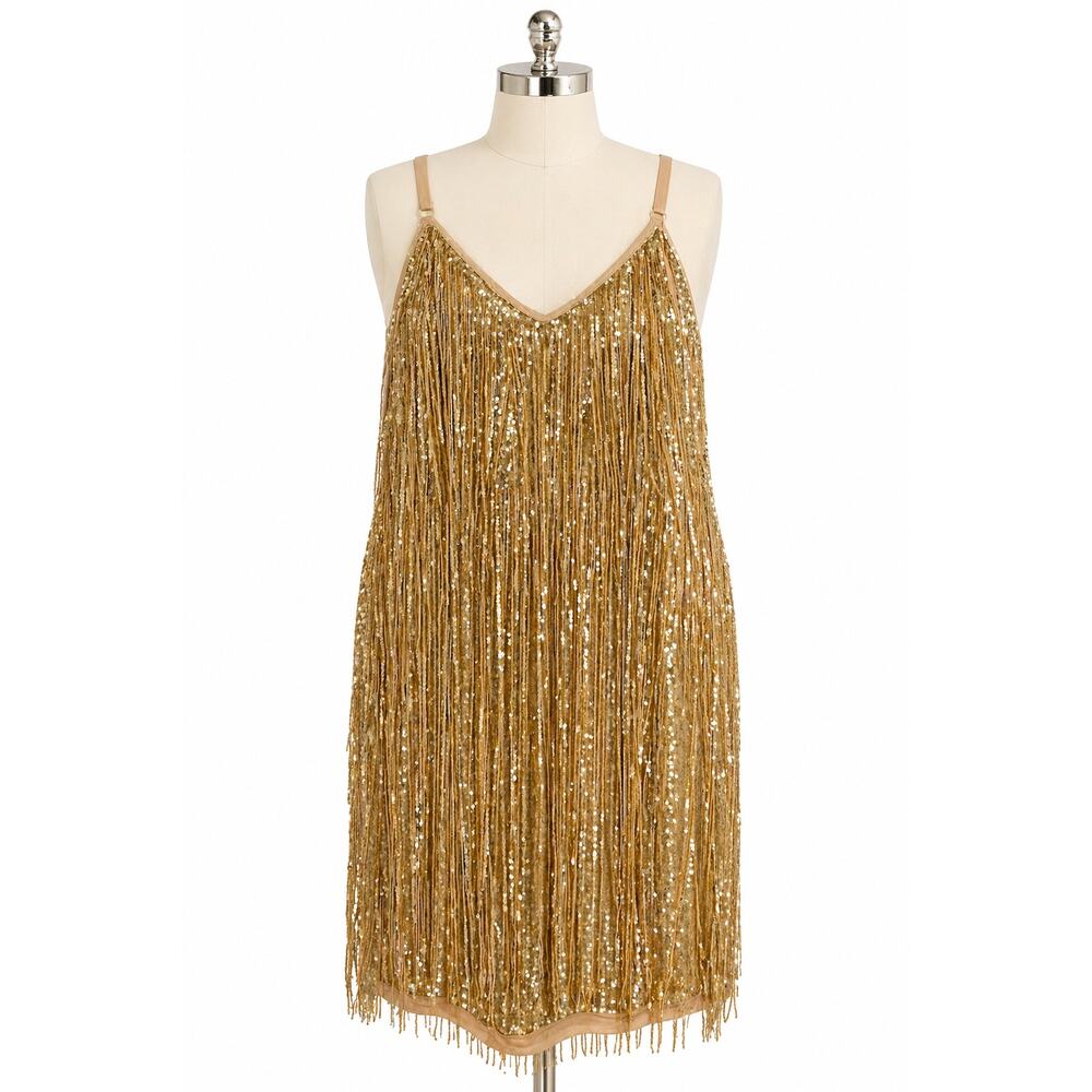 Gold Sequin Fringed Flapper Dress Size 22 Gatsby 1920s Cocktail Evening Party